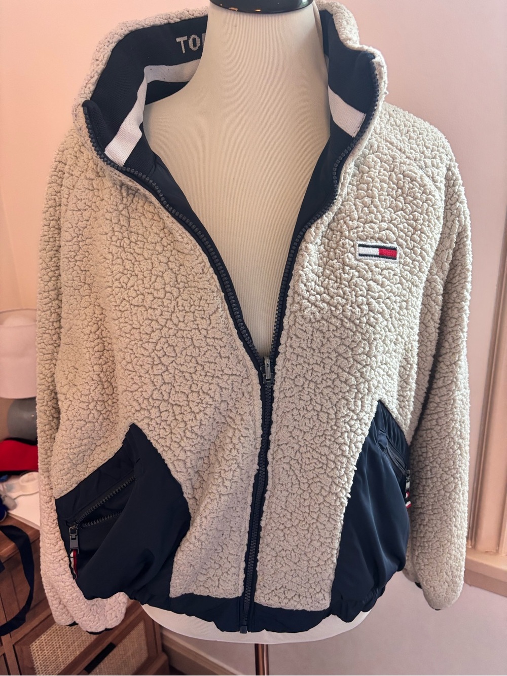 Tommy Hilfiger Reversable Cream Teddy Jacket with Navy Trim and Logo